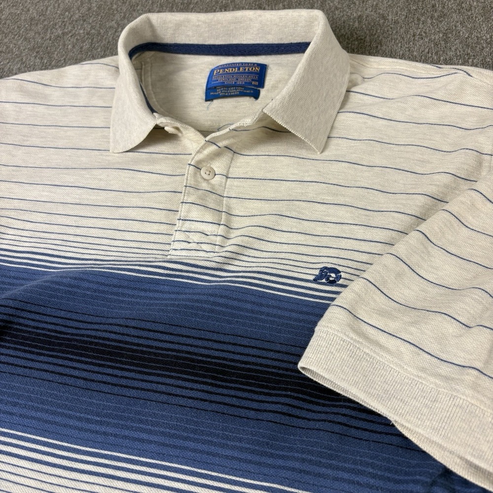 Vintage 90s Pendleton Striped Polo Shirt Men's M Blue Beige Ram Logo Embroidered